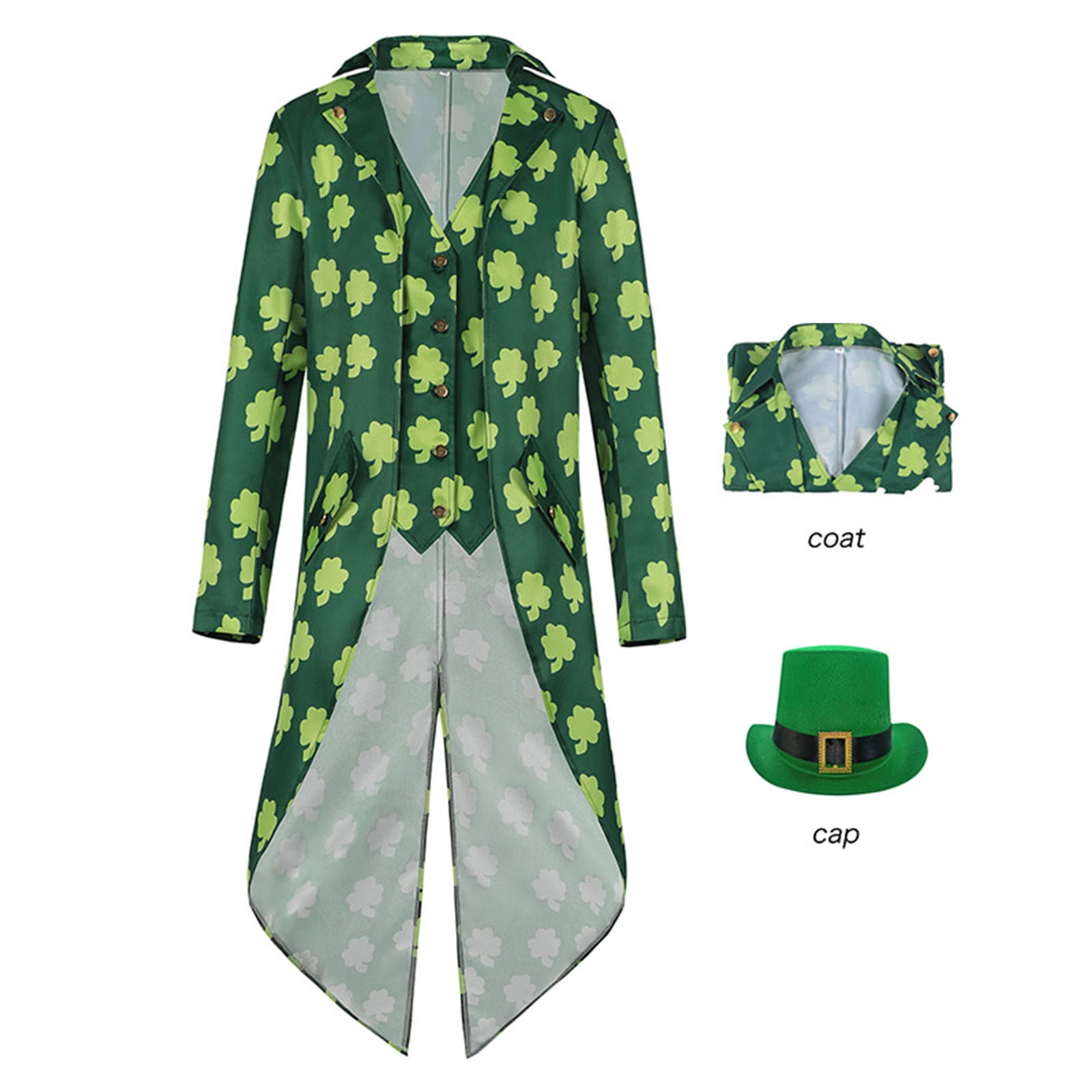 CONZONE St. Patrick Day Mens Elf Dress Up Green Clover Tailcoat And Hat Outfit Funny Party Stage Performance Clothes Set
