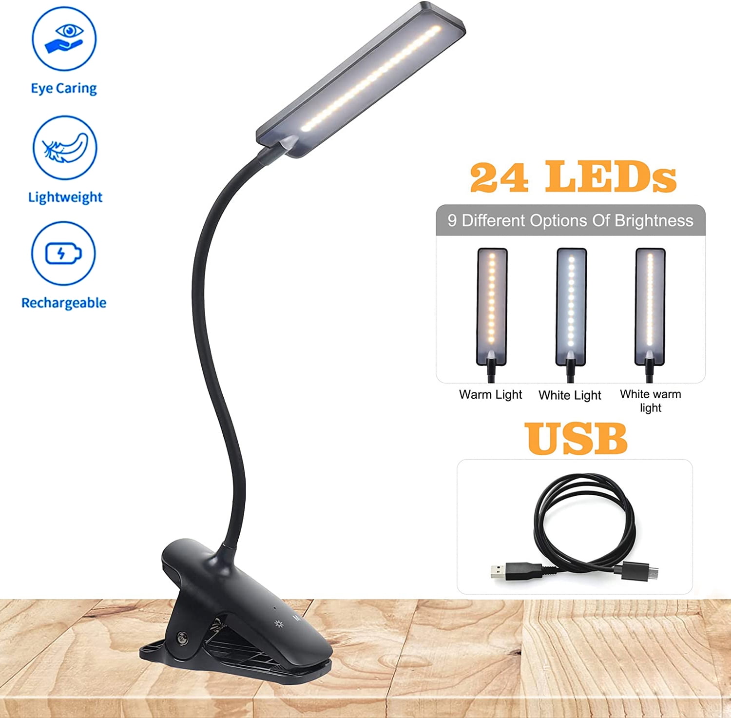 Esbaybulbs Led Book Light, Rechargeable Desk Lamp, 24 LED Clamp Reading Bedside Lamp, 3 Color Temperature and 3 Brightness, Flexible Clip Table Lamp (Black)
