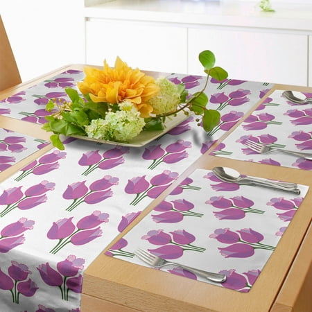 

Purple Tulip Table Runner & Placemats Romantic Spring with Continuous Vivid Petals Print Set for Dining Table Decor Placemat 4 pcs + Runner 12 x90 Olive Green Fuchsia by Ambesonne