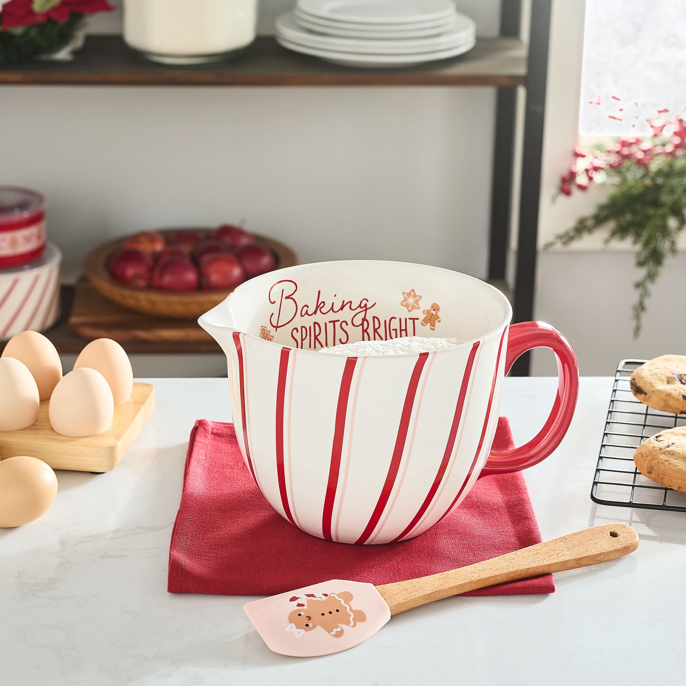 (2 pack) Holiday Time 2-Piece Stripes & Gingerbread Glazed Stoneware Batter Bowl & Spatula Set, Multicolor