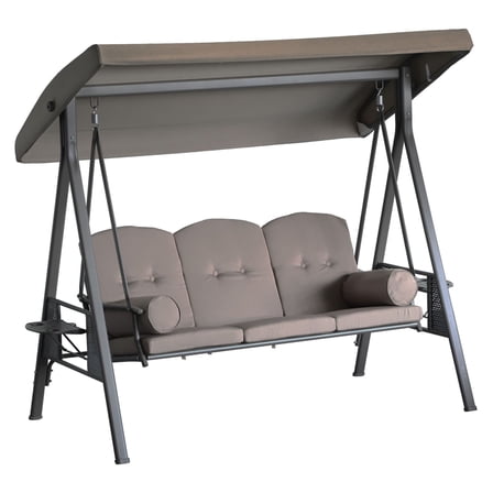 3-Person Patio Swing Bench - Steel Canopy, Cushioned Outdoor Swing w/ Side Trays - Brown