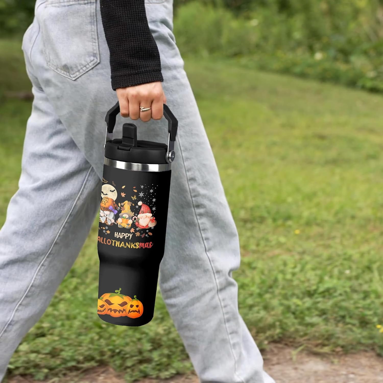 Happy Hallothanksmas Tumbler, Fall Cup 30 Oz Tumbler with Handle and Flip Straw, Insulated Autumn Mugs Keeps Drinks Cold & Hot, Thanksgiving Halloween Christmas Gifts For Women