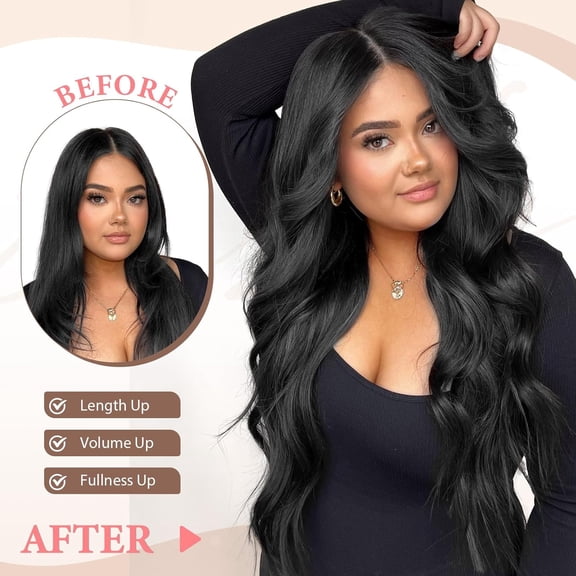 WEIF-Clip in Hair Extensions, 6 PCS Natural & Soft Hair & Blends Well Hair Extensions, Dark Brown Long Wavy Hairpieces(24inch, 6pcs, Natural Black)