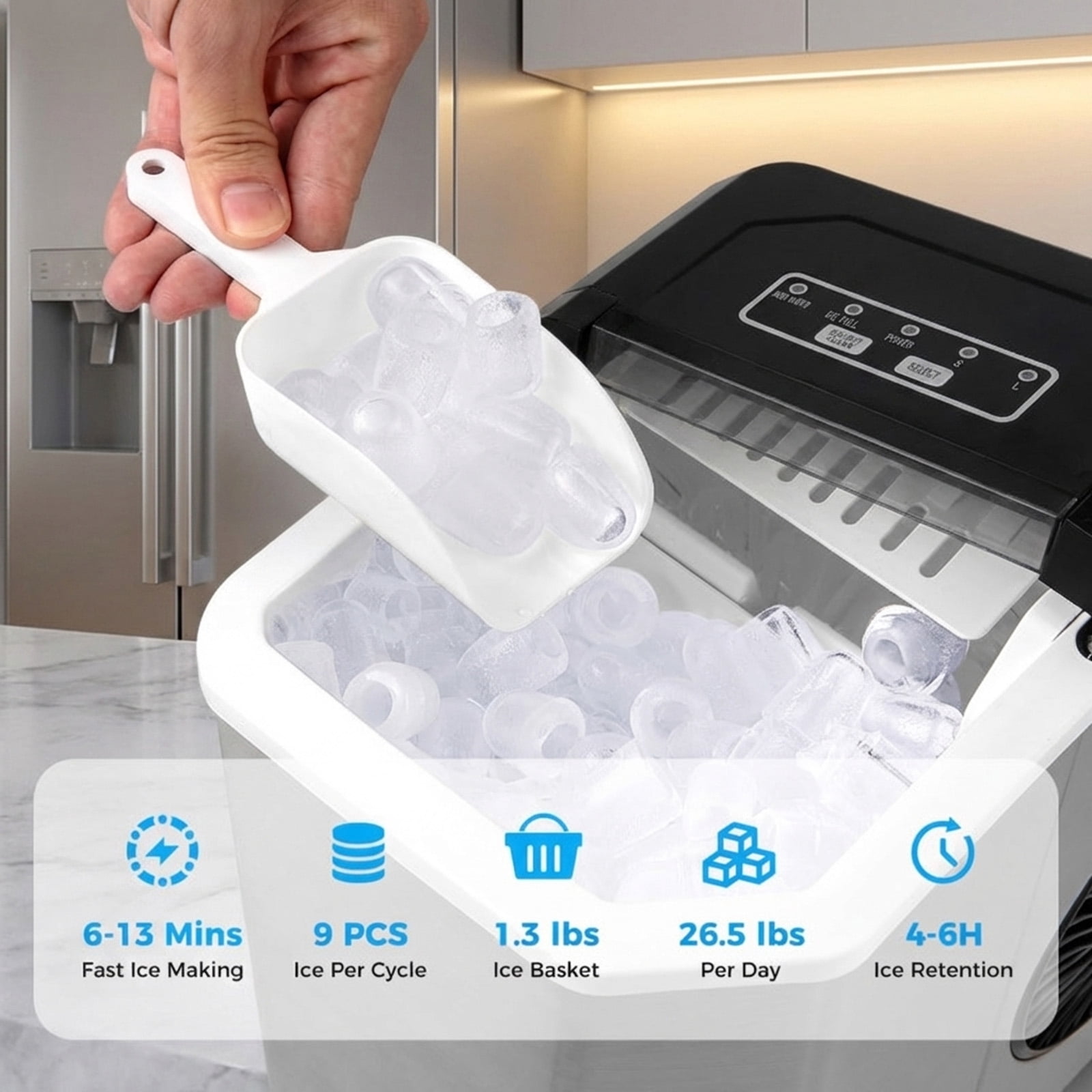 RUIE Countertop Ice Maker,Portable Ice Machine with 26.5 Lbs/Day Production and Self-Cleaning,2 Ice Sizes,One-Button Start,Bullet Ice Maker for Home Kitchen Office Party