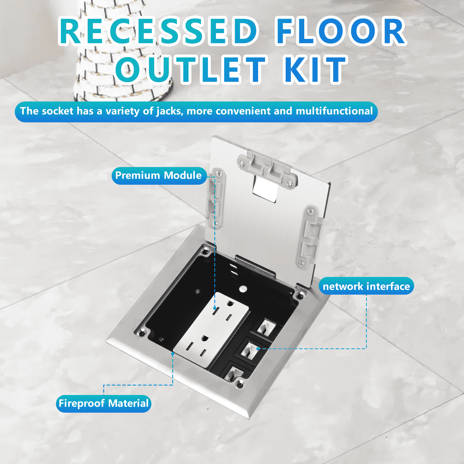 KYHSHJ Recessed Flat Hidden Socket Kit with 15 Amp Stainless Steel TR Receptacle Outlet Stainless+3-Port RJ45 Datacom Receptacle.Internal Height Adjustable，Corrosive Resistant Hardware，Silver