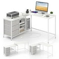 thumbnail image 1 of Costway L-shaped Computer Desk with Power Outlet, Fabric Drawers, Metal Mesh Shelves White, 1 of 9