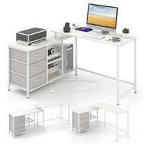 Costway L-shaped Computer Desk with Power Outlet, Fabric Drawers, Metal Mesh Shelves White