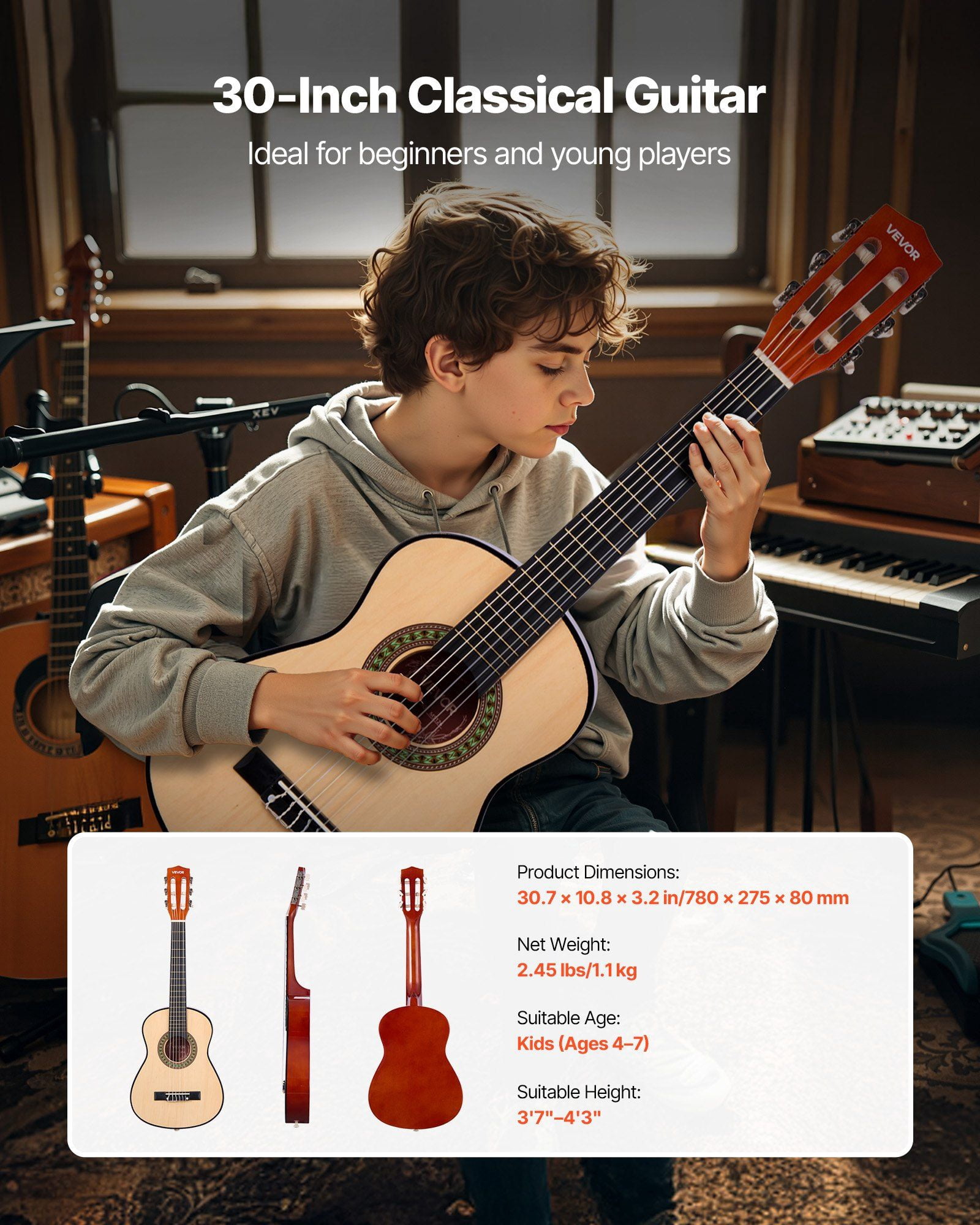 Classical Guitar, 30 Inch, Wood Classical Guitar Starter Kit for Beginners, with Nylon Strings, Gig Bag, Strap, Tuner, Extra Strings, Picks, Capo, Basswood, for Kids Girls Boys Students, Natural