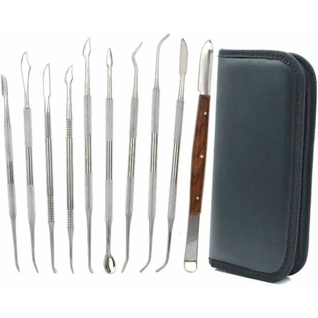10 piezas de herramientas de tallado de cera de acero inoxidable de doble extremo para esculpir y esculpir arcilla, kit de herramientas de esculpir cerámica DIY, espátula de cincel y estuche de transp
