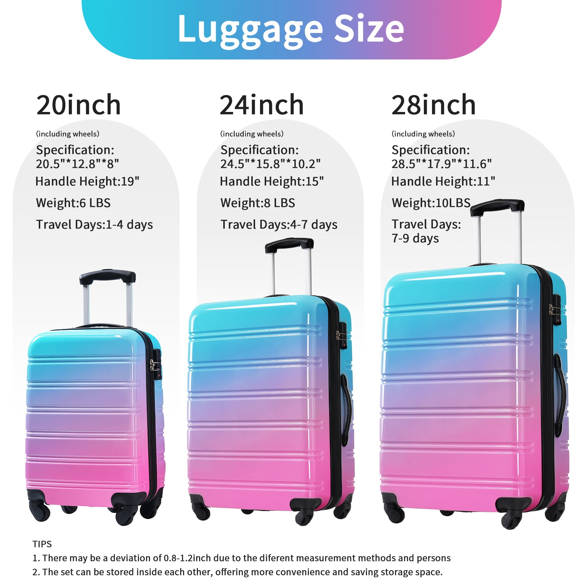 PAPROOS 3-Piece Luggage Set (20"/24"/28"), Hardshell Lightweight Suitcase with TSA-Lock and Spinner Wheels, Expandable Travel Luggage for School, Travel, Blue+Red