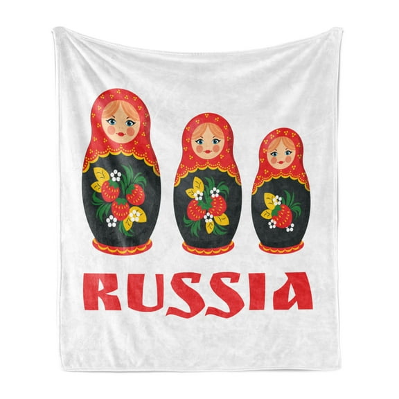 Russian Soft Flannel Fleece Throw Blanket, Nesting Matryoshka Dolls Trademark of Russia, Cozy Plush for Indoor and Outdoor Use, 70" x 90", Vermilion White Green, by Ambesonne