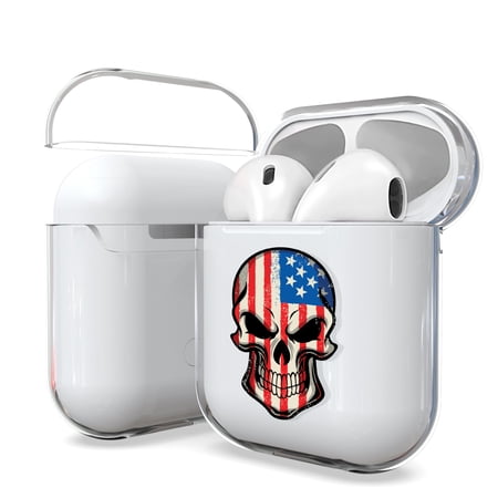 Beyond Cell Transparent Clear Case Cover for Airpods Charging Case Protection Gen 1 & Gen 2- USA Flag Skull
