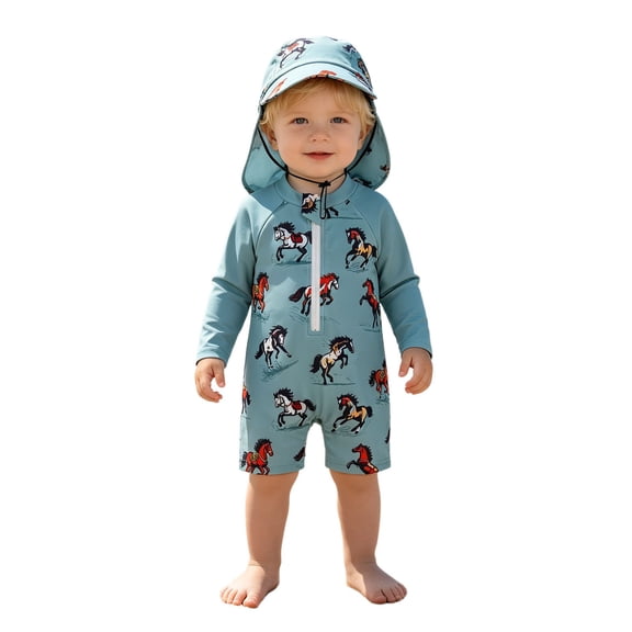 XAOFW Boy's Swimwear With Long Sleeve Zip Romper And Swim Cap Western Print Two Piece Swimsuit For Toddlers And Young Boys Comfortable Beachwear 6-12 Months