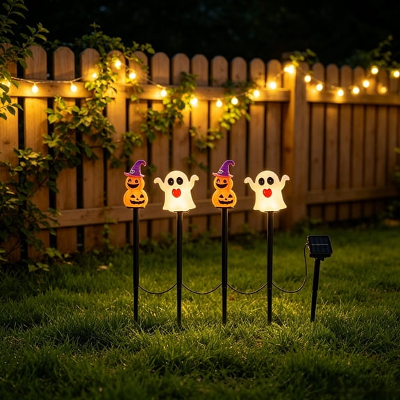 Solar Halloween Ghost & Pumpkin Stake Lights, Outdoor Waterproof LED Pathway Decor Lights for Yard Garden Lawn
