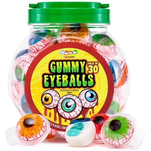 30 Gummy Eyeballs, Spooky Halloween Eyeball Candy in 4 Flavors, Soft Gummies with Jelly Filling, Individually Wrapped, By 4YoreElves (19 oz)