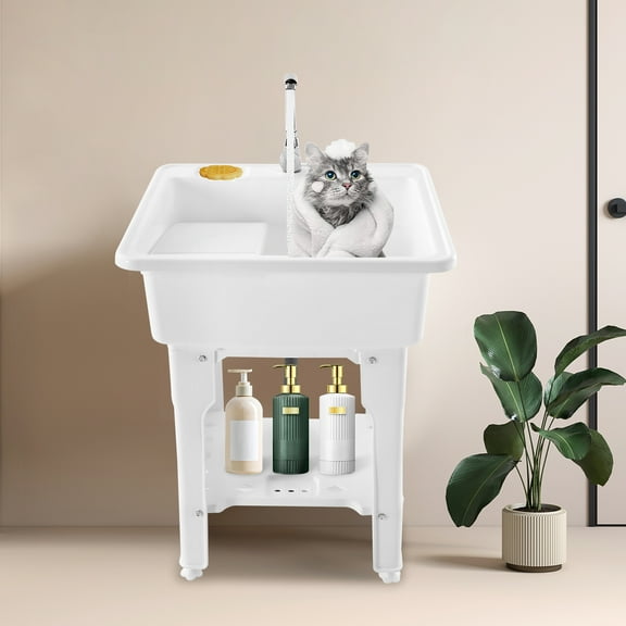 Multifunctional Freestanding Laundry Sink with Hot & Cold Faucet, Washboard & Storage Shelf – 31.5" Ergonomic Utility Tub for Indoor/Outdoor Use