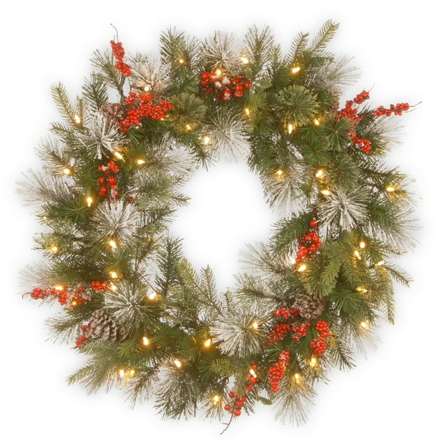 30 "Se Sentent Vraies Couronnes de Collection de Baies Hivernales avec de Grandes Pommes de Pin, Baies Rouges et Poils Enneigés avec 50 Lumières LED Blanc Chaud Fonctionnant sur Batterie avec Minuterie