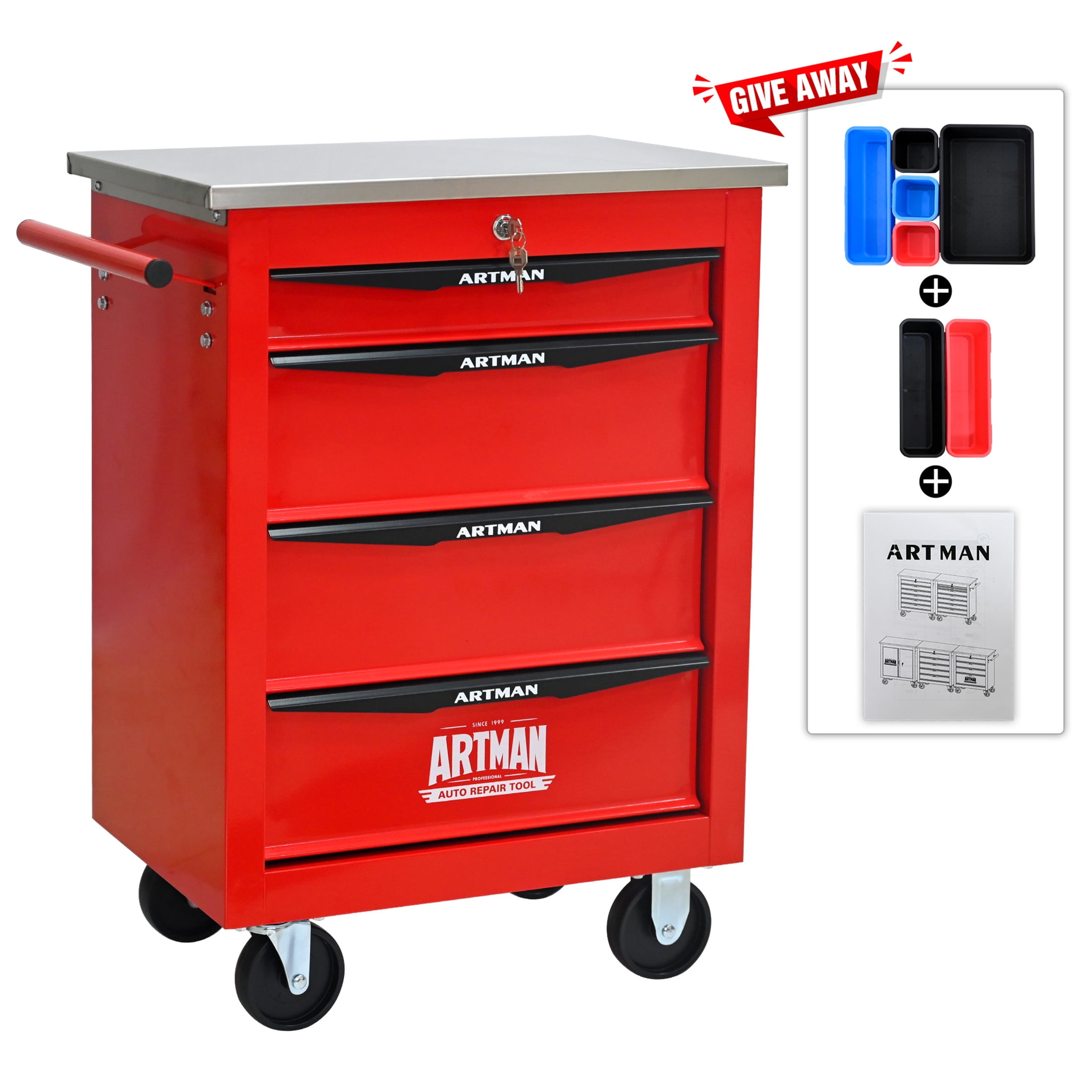 Noble House 4-Drawer Rolling Tool Organizer Cart, Steel Mobile Chest Storage with Worktop for Garage Workshop, Red