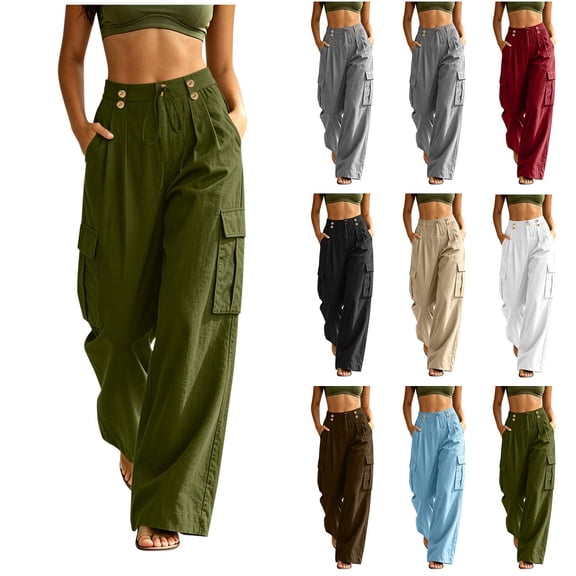Favoffer Women's Faux Linen Cargo Pants Back Elastic Waist Side Pocket Button Zipper Straight Leg Pants Loose Wide Fit Bottom for Work Camping Travel