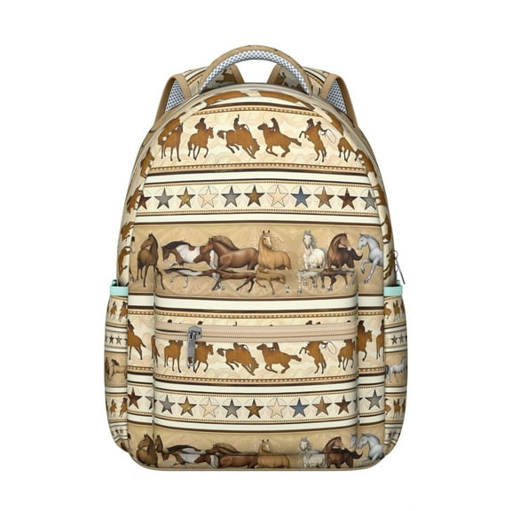 Rural Retro Student School Backpack with Horse, Foal, Pony Floral Pattern Cute Rainbow Print Design Book Bag
