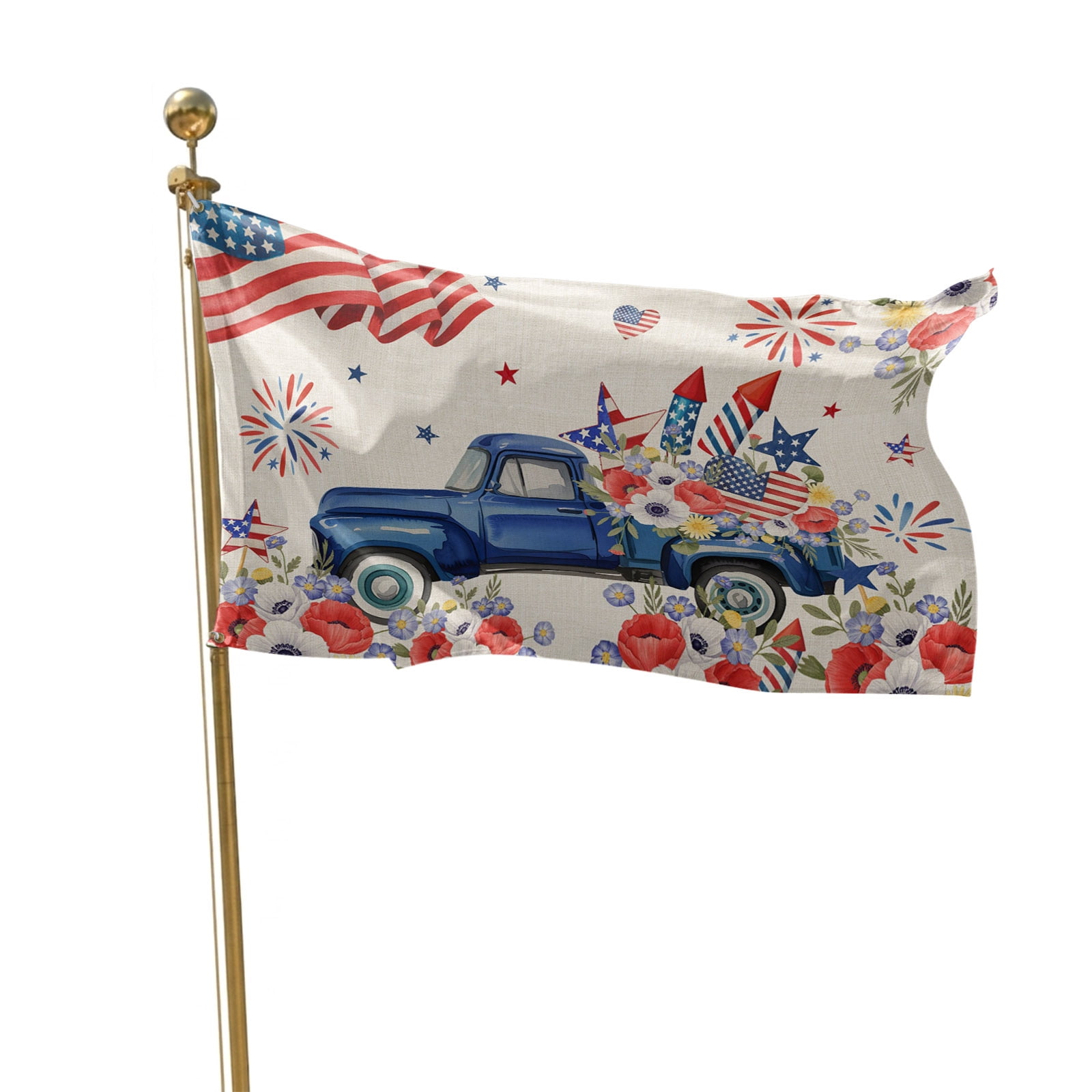 4th of July Flags for Outside 3x5 ft Fireworks Poppy Truck Outdoor Flags Double Sided Grommets USA Flag Patriotic Stars Stripes Patio Yard Flag for Outdoor Party Porch Independence Day