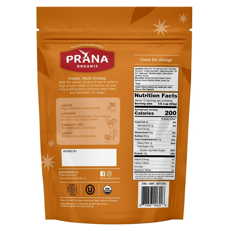PRANA Organic Overnight Oat & Chia, Maple Cinnamon Protein, High