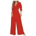 thumbnail image 2 of Gaecuw Jumpsuits for Women Dressy Wedding Short Sleeve Puff Sleeve Overall V Neck Band Collar Solid Onesie One Piece Outfits Loose Baggy Long Pants Wide Leg Summer Romper Pull On Ankle Length Trousers, 2 of 7
