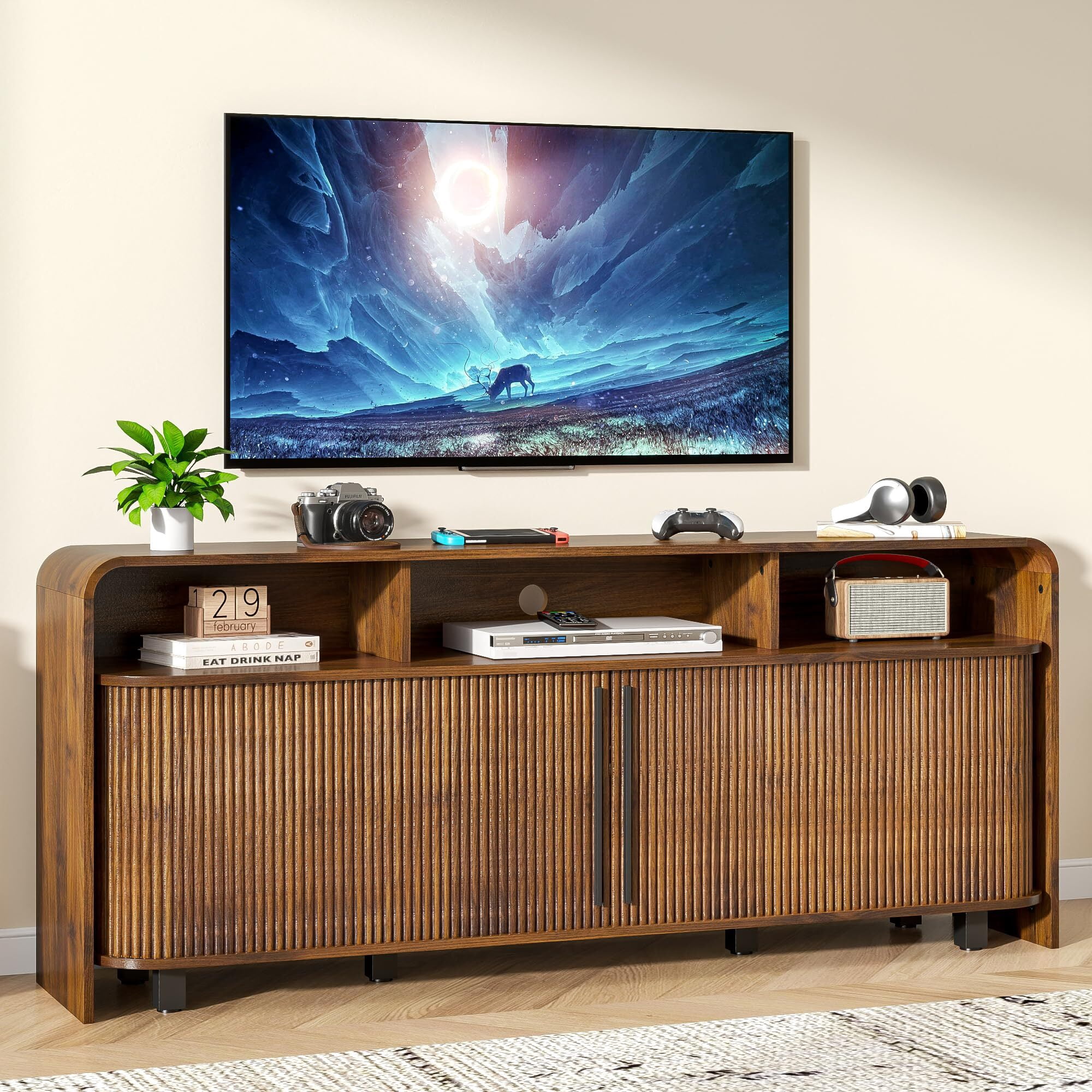 Walnut TV Stand for 65-75" TV, 63" Fluted Mid Century Modern Console with Sliding Doors, Storage, Adjustable Shelves