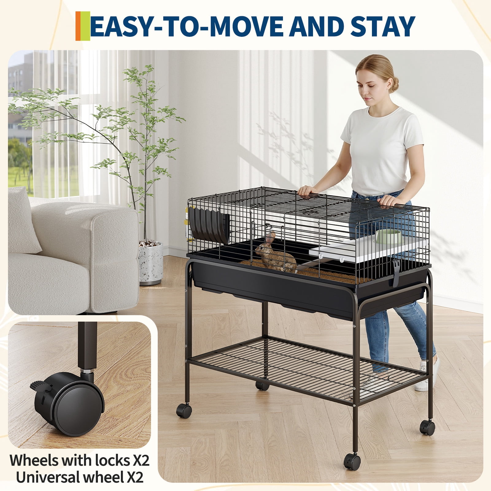 Small Animal Cage with Detachable Stand, Rolling Metal Rabbit Cage with Food Dish, Water Bottle, Hay Feeder, Platform & Ramp, Perfect for Guinea Pig, Hedgehog, Chinchilla, Ferret
