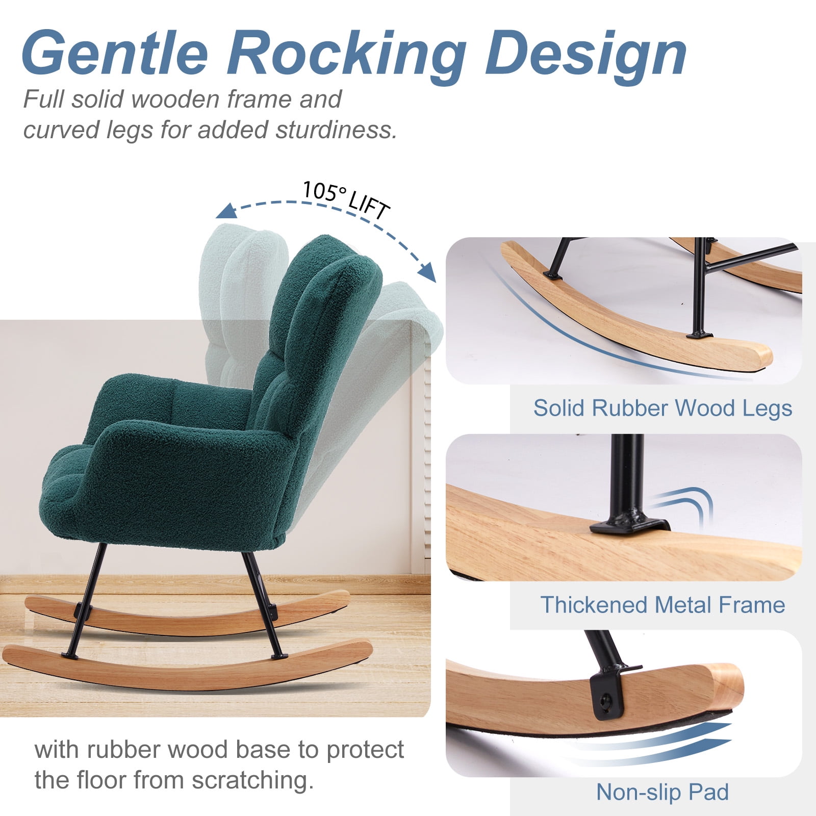 CONCETTA Rocking Chair Teddy, High Backrest, Comfortable Stylish with Padded Seat Glider Rocker for Living Rooms, Bedrooms, Offices, Green