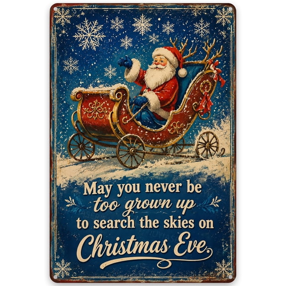 Vintage Christmas Eve Santa Metal Wall Decor Sign, 8x12 Inch, Rustic Holiday Sleigh Design with Snowflakes, Weather Resistant Hanging Home Decor for Indoor Outdoor Use
