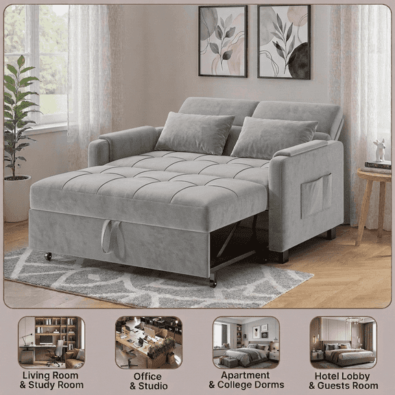 51.2" 3-in-1 Convertible Loveseat Sleeper: Pull-Out Futon Sofa Bed with Adjustable Backrest & Side Pocket for Living Room, Office, Apartment-Velvet Grey