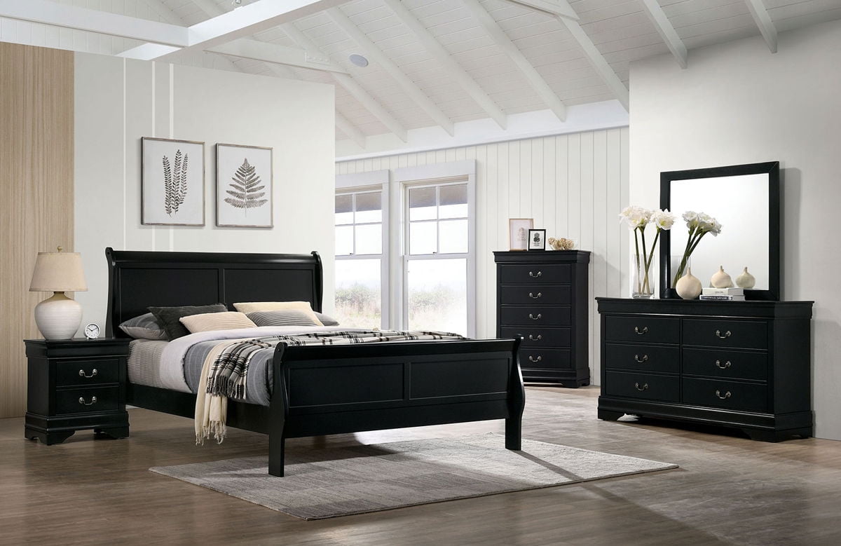 transitonal style black solid wood 4pc bedroom set eastern king