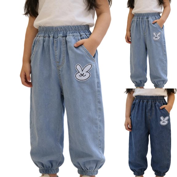 MuXiKeJi Clothes Girls Denim Pants Y2K Lightweight Soft Loose Long Denim Pants Summer Casual Wear Resistant Bottoms for Toddler Kids Girls Denim Pants