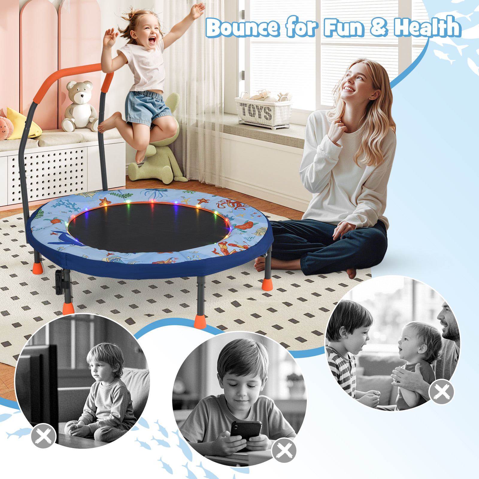 Gymax 36'' Foldable Kid Trampoline w/ 20 LED Lights Foam Handlebar Padded Safety Cover Blue