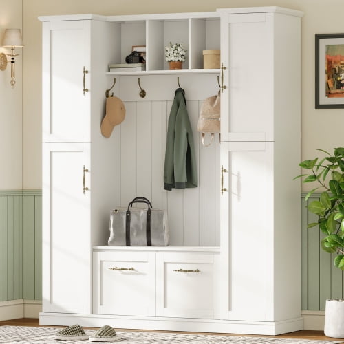 Farmhouse Hall Tree with Bench, Beadboard Back Panel, 4 Side Cabinets, Adjustable Shelves, Open Cubbies, Coat Rack & 5 Hooks, Entryway Mudroom Furniture, White