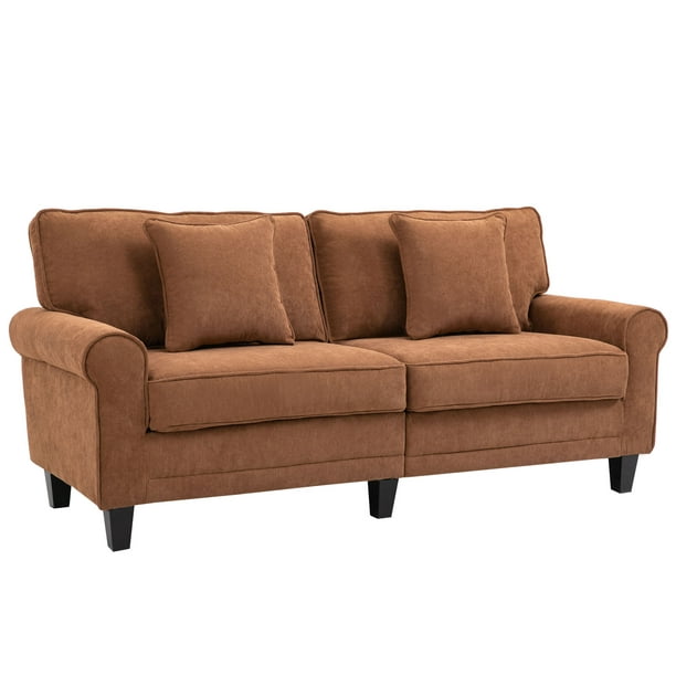 HOMCOM Moderne Classique 3-Seater Sofa Canapé en Tissu Velours Côtelé avec Pieds en Bois de Pin, Bras Roulés pour Salon, Brun