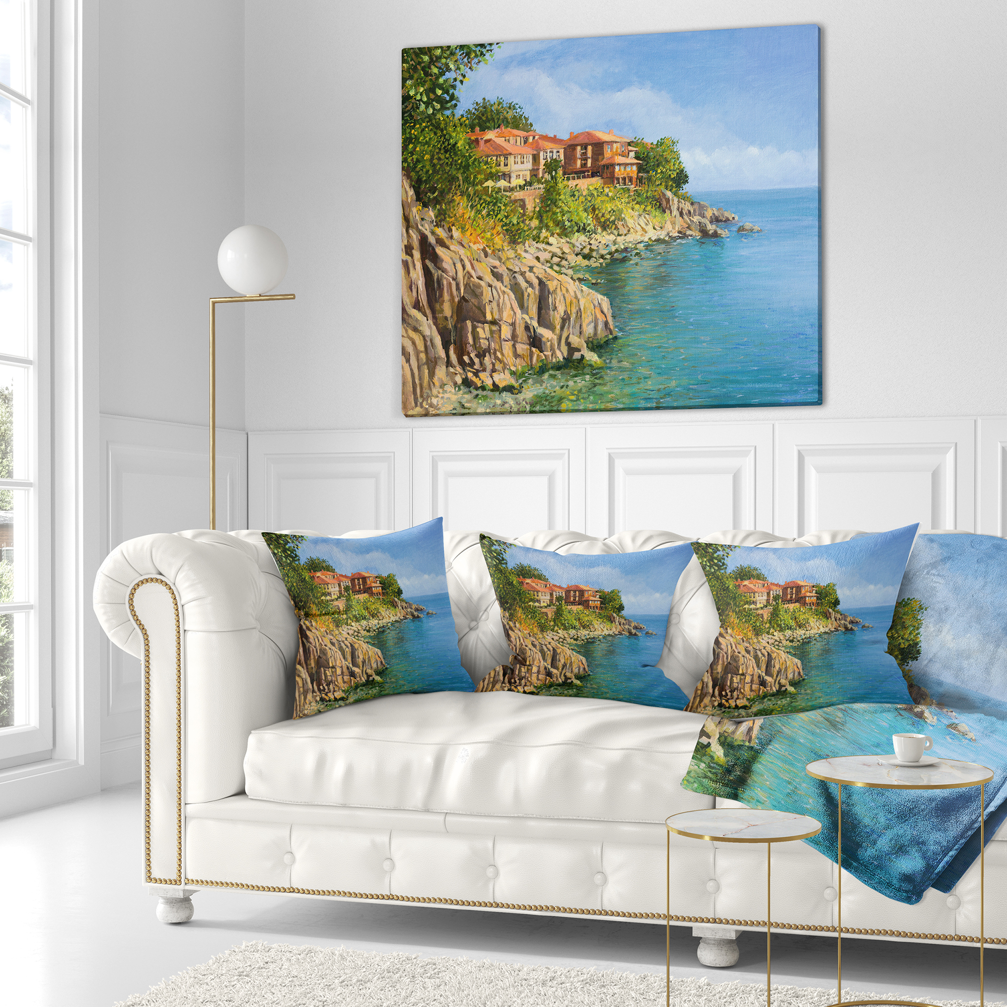 Designart Blue Summer Sea - Landscape Painting Throw Pillow - 18x18