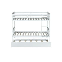 Twin over Twin Rubberwood Bunk Bed with Trundle, Convertible, Ladder & Guardrails, White