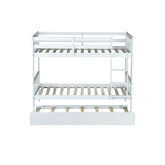 Twin over Twin Rubberwood Bunk Bed with Trundle, Convertible, Ladder & Guardrails, White