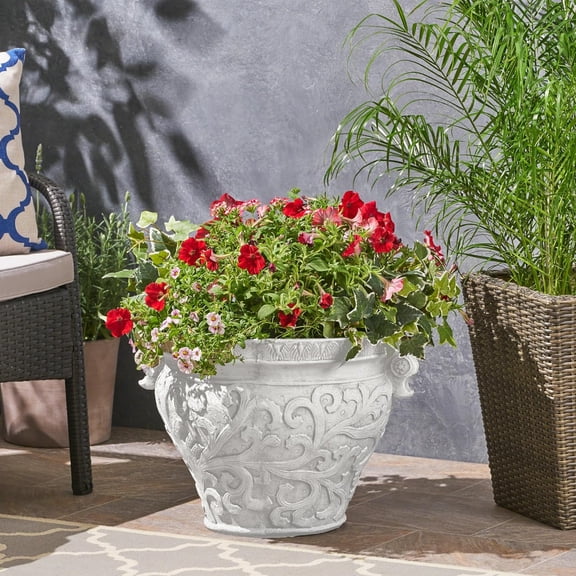 LQLI Round Concrete Planter, Indoor Outdoor Garden Plant Pot with Drainage Hole, Floral Relif Patio Urn Planter for Front Porch/Backyard, Outdoor Planter Box, Antique White
