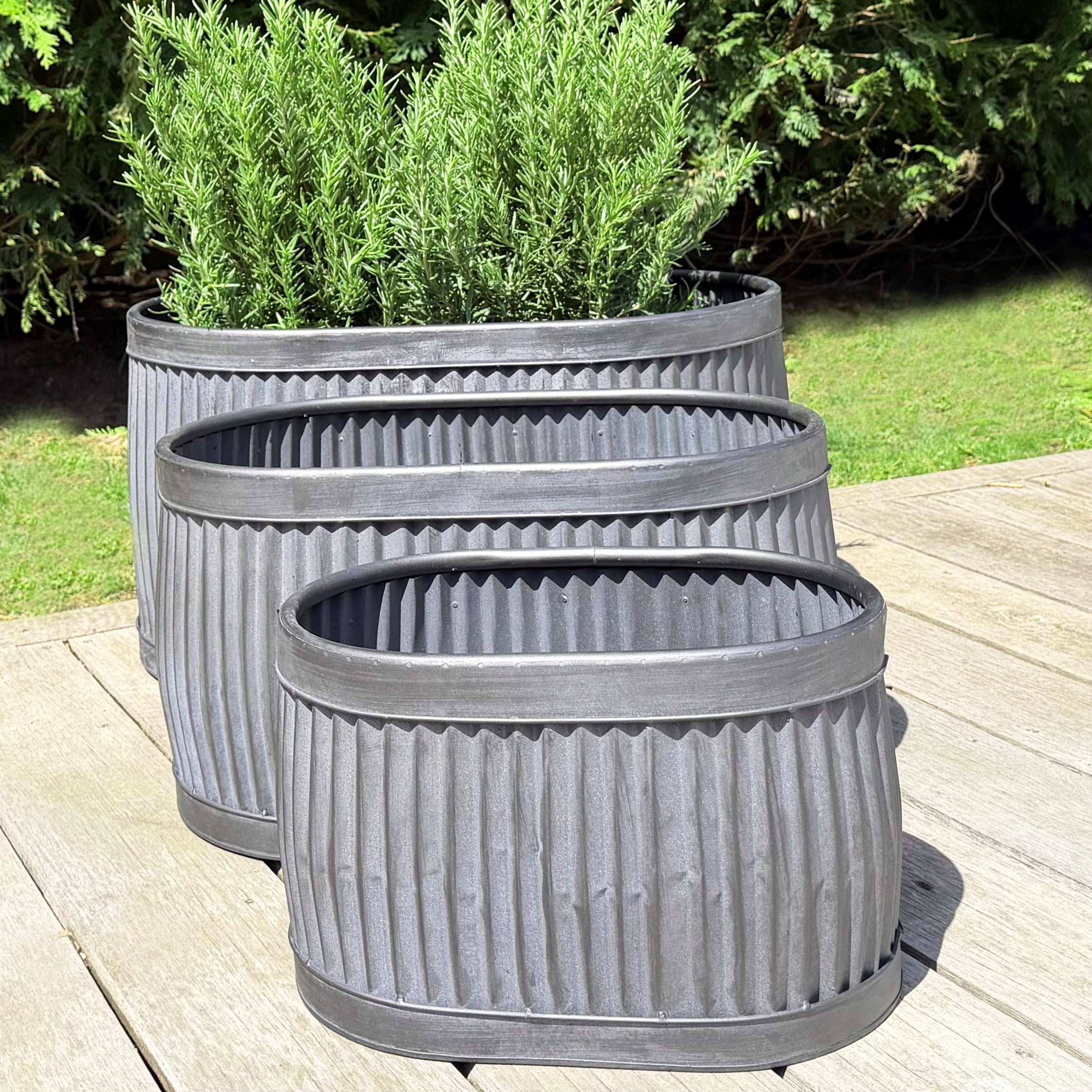 WHW French Country Style Oval Belly Planters, Set of 3, Gray, Galvanized Metal, Corrugated Cache Pots, 24.5, 20 and 14.5 inches