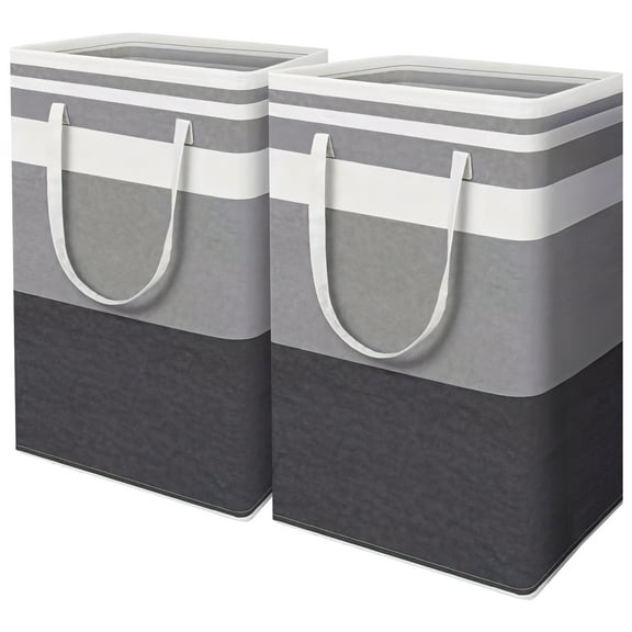 Laundry Basket Hamper, Large 75L Capacity with Extended Handles, Fabric Storage Bag, Black-Gray Striped Cube, Efficient Laundry Organization, 2 Pack