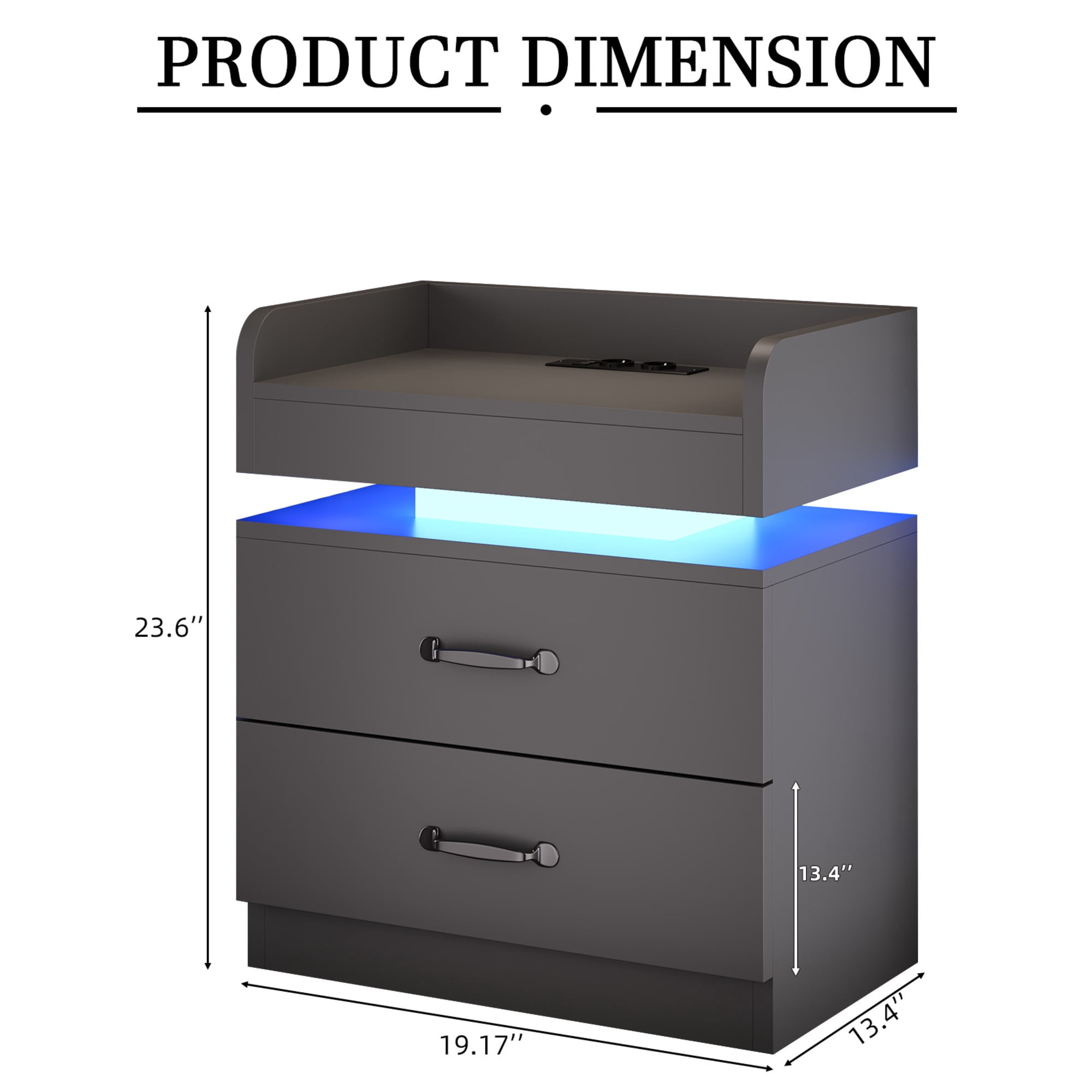 LED Nightstand, Modern Grey Night Stand End Tables with Charging Station & LED Lighting, 2 Drawers, Open Shelf Storage, Bedside Tables for Bedroom & Living Room