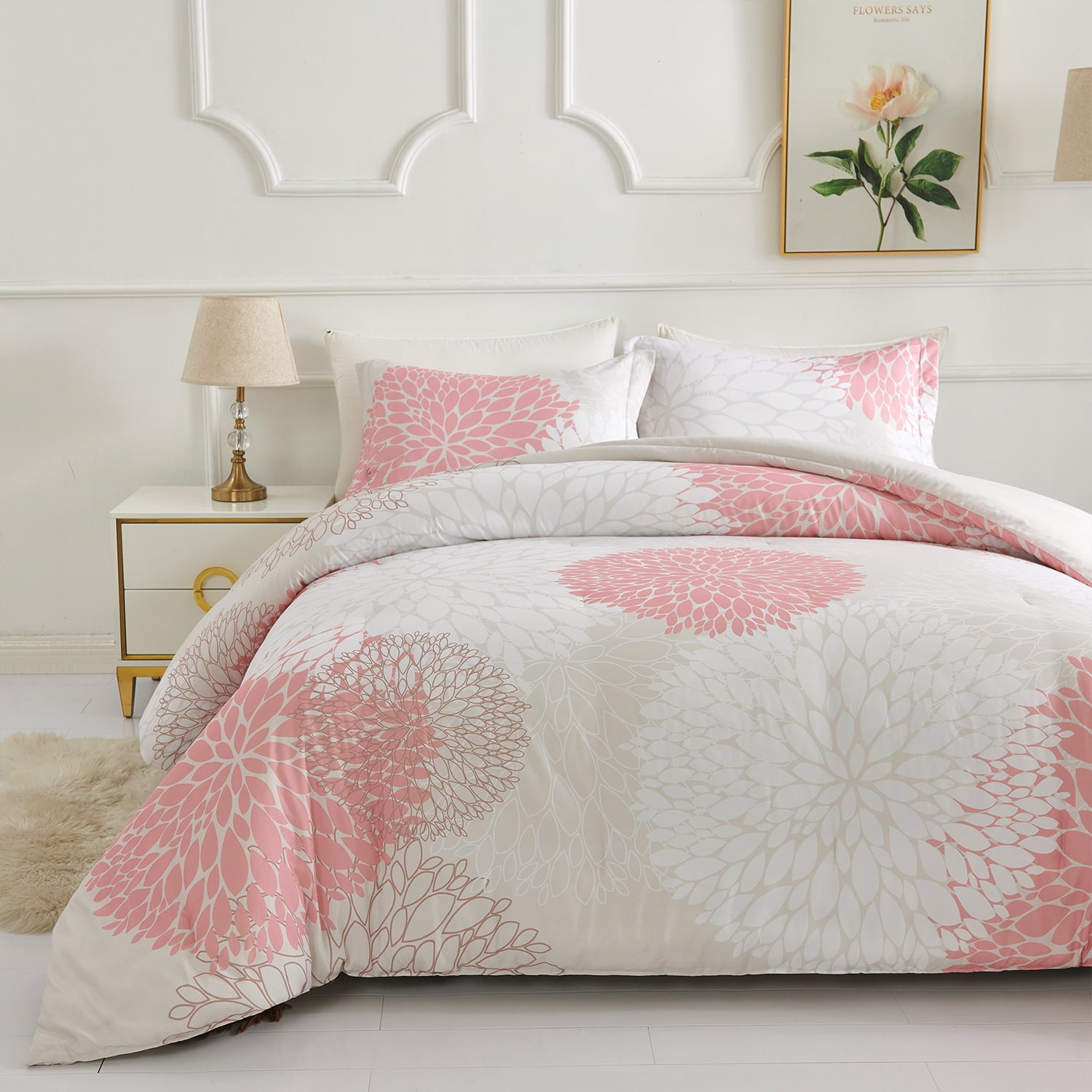 Koniroom Pink Floral Comforter Set, Botanical Beige Bedding Sets King Size with Cute Pink Flowers Printing for Women Teen Girls All Season 3 Pieces Comforters with 2 Pillow Shams (104x90 Inches)