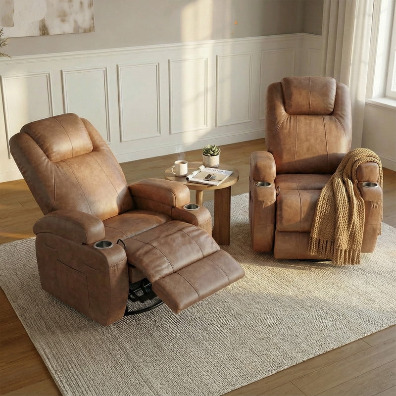 Homall 360° Swivel Rocking Recliner Massage Oversized Singal Sofa For Living Room Ergonomic High Backrest and Adjustable Recliner,PU Brown