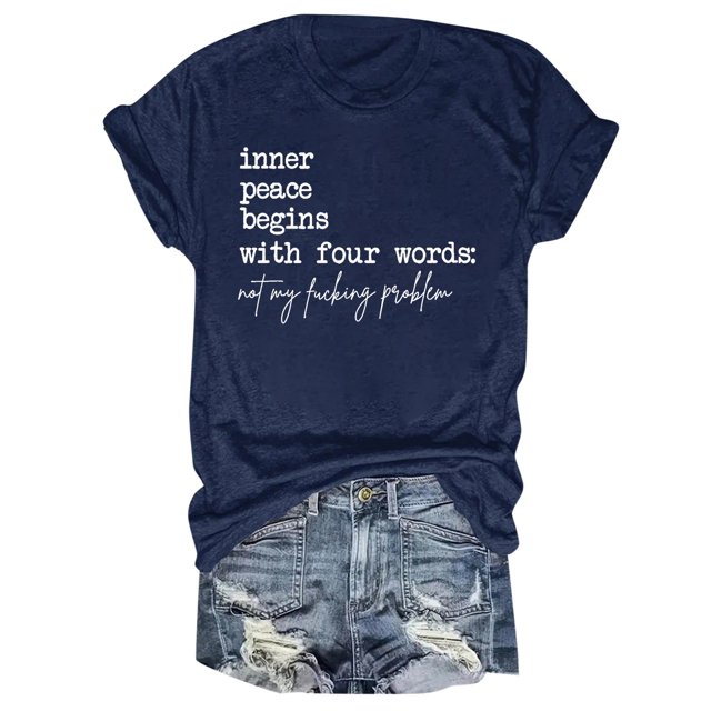 iTNHFP Womens Summer Clothes Women With Four Words Lettering Printed Right Shoulder Round Neck Short Sleeve T Shirt Top