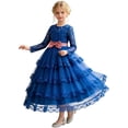thumbnail image 5 of ZHOGXU Kids Elegant Girls Princess Dress Lightweight Mesh Layered Gown With Long Sleeve Soft Satin Bow Belt Birthday Party Outfit, 5 of 9