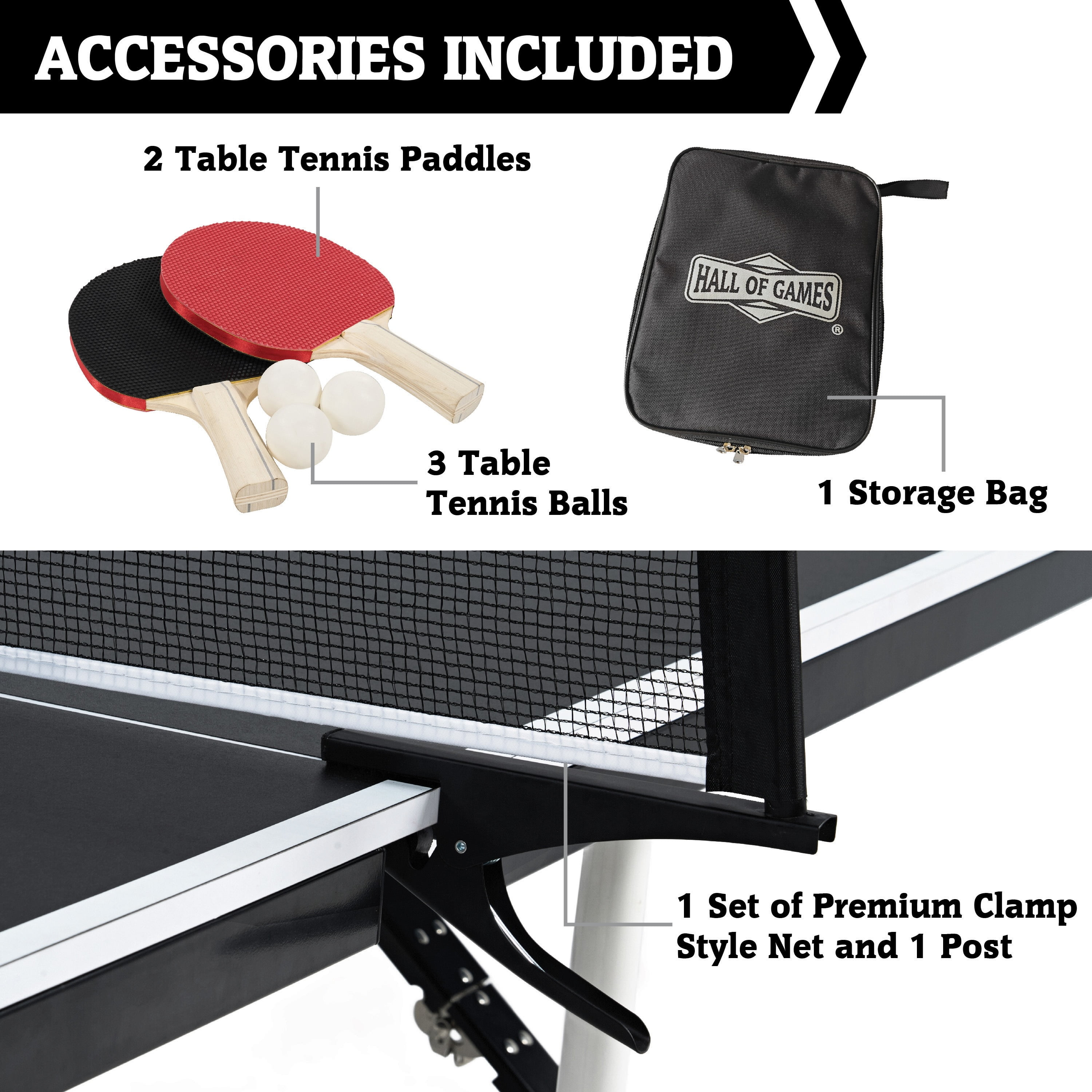 Hall of Games Official Size Ping Pong Table Tennis Table, Space Saving No Assembly Design with Accessories, Black/White