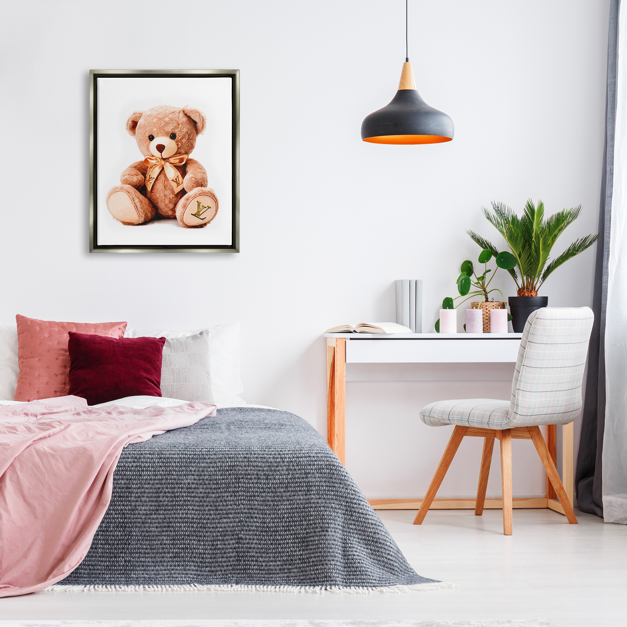 Stupell Industries Glam Brand Teddy Bear Beauty & Fashion Painting Gray Floater Framed Canvas Art Print Wall Art, 25 x 31